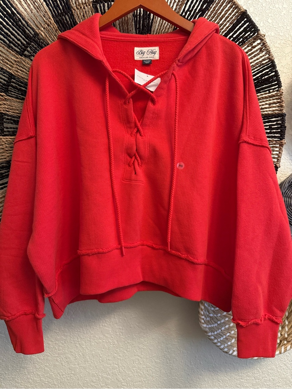 American Eagle Outfitters Red Lace-Up Hooded Sweatshirt